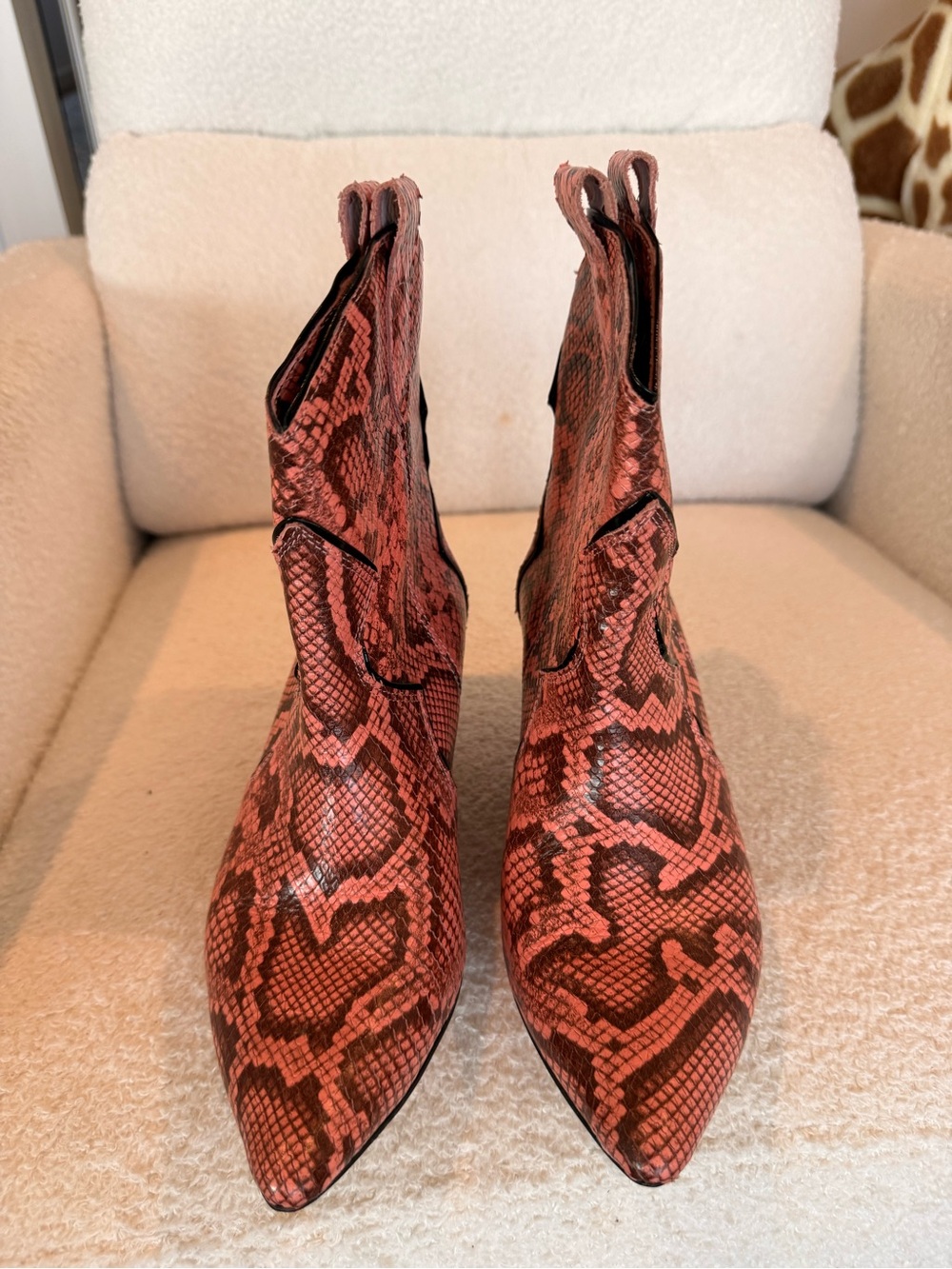 L37 Pointed Pink Snake-Print Ankle Booties